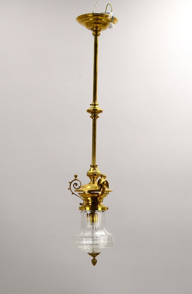 Decken-/Flurleuchte (Gründerz.), Messing, Kristallglasschirm, höhenverst.