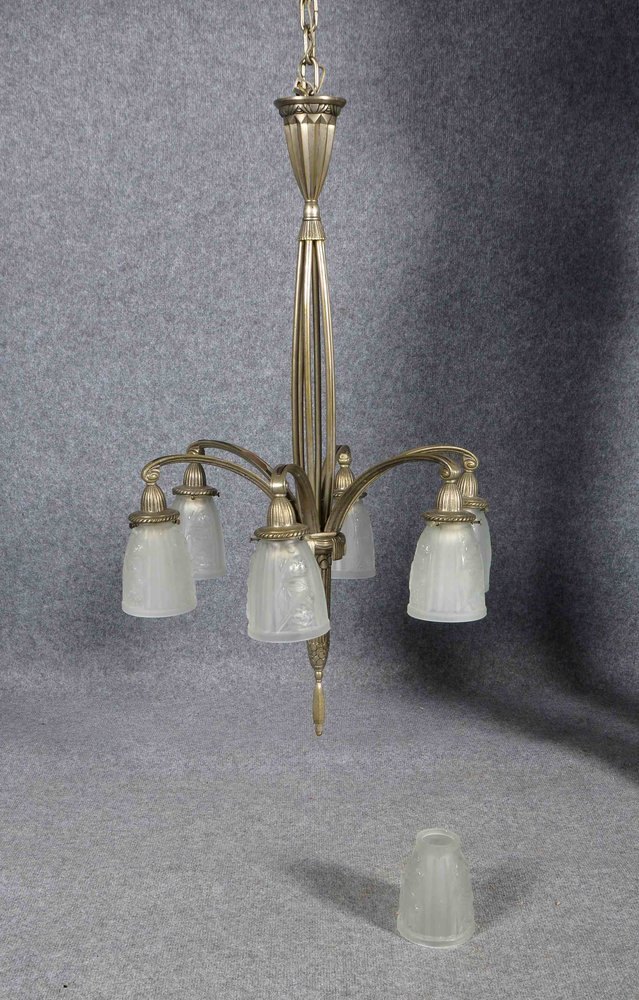 Deckenlampe (Art déco), 6-armig/6-fl., Weißmet.-Gestell/matt. Glasschirme; Ø 55 cm