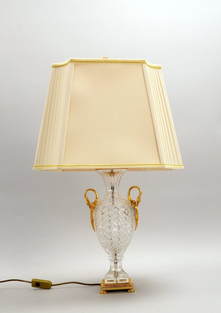 Tischlampe, 2-fl., Kristallglas und Messing/verg., Schwanenhals-Handh., 8-pass. Schirm