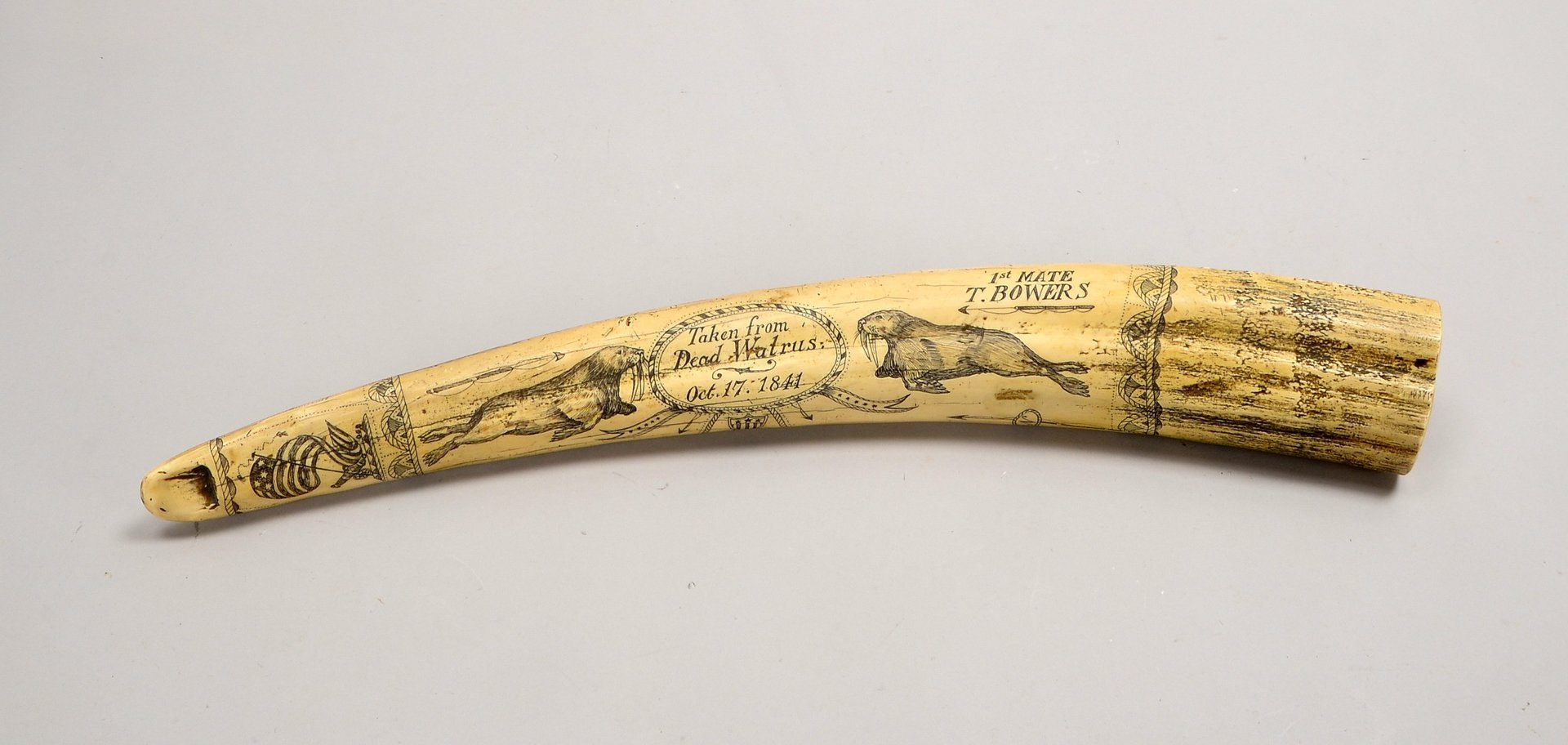 Scrimshaw/beschnitzter 'Walrosszahn', 'The Whaler Prince', Kunstguss-Replik; Länge 55 cm