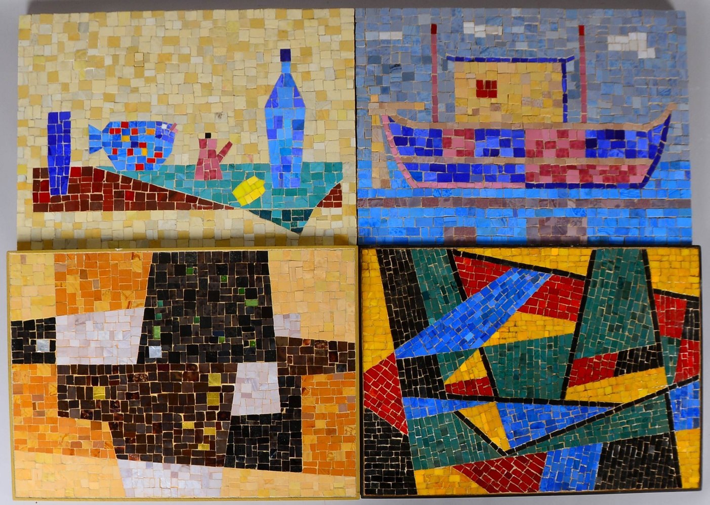 Görsch, Helmut, 4 Glas-Mosaikbilder, versch. Motive, auf Holzplatte; Maße bis 58 x 42 cm