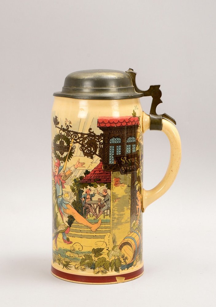 Villeroy & Boch, Bierkrug, mit 'Festszene', sign./dat. '1877 - 1902', mit Zinndeckel