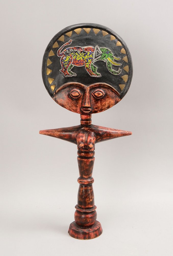 Fruchtbarkeitsfigur (Ashanti), sog. 'Akua-ba', Holz farbig gef./Perlenstickerei