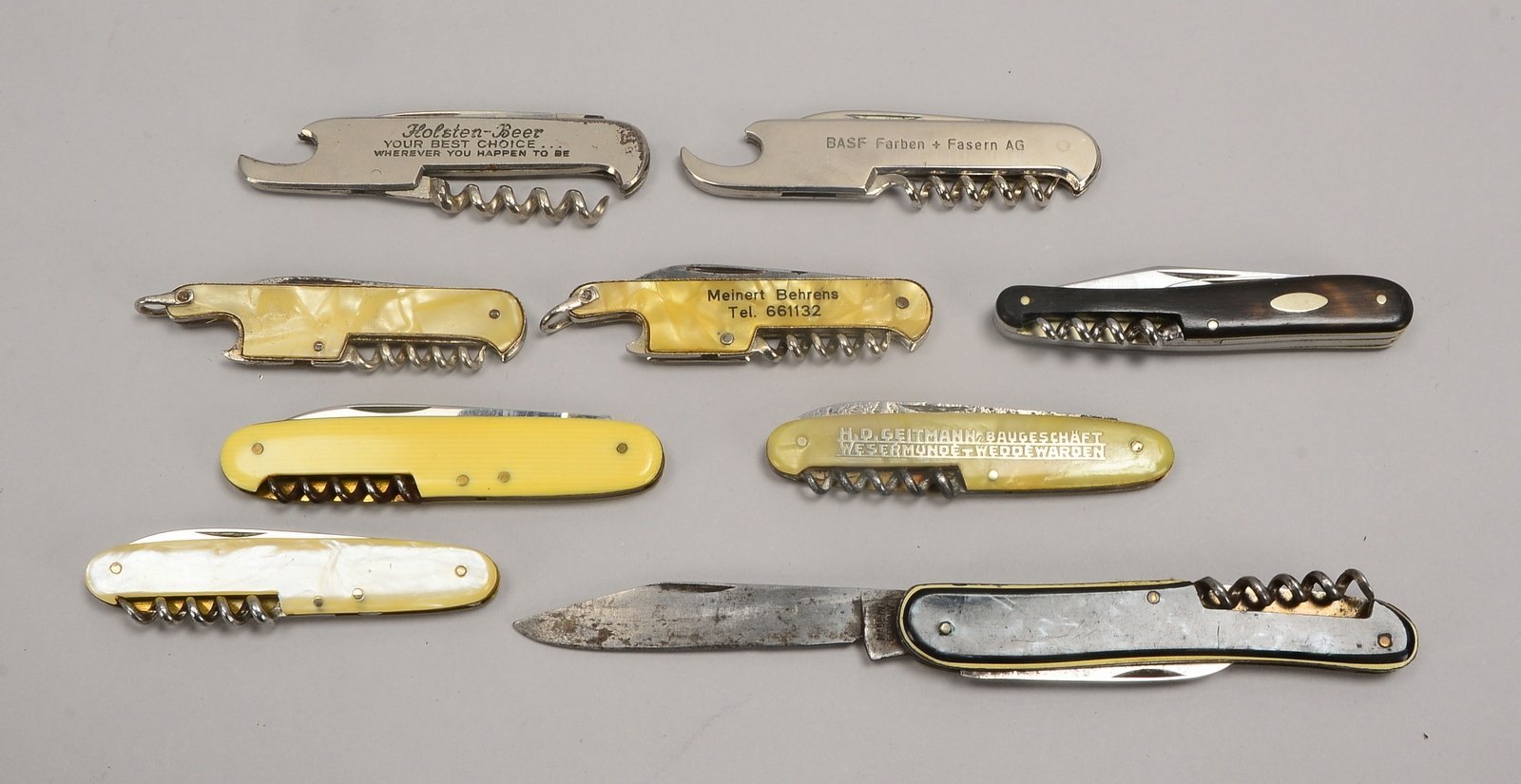 Kl. Taschenmesser-Slg., alt, versch. Materialien und Ausführungen, 9 Stück