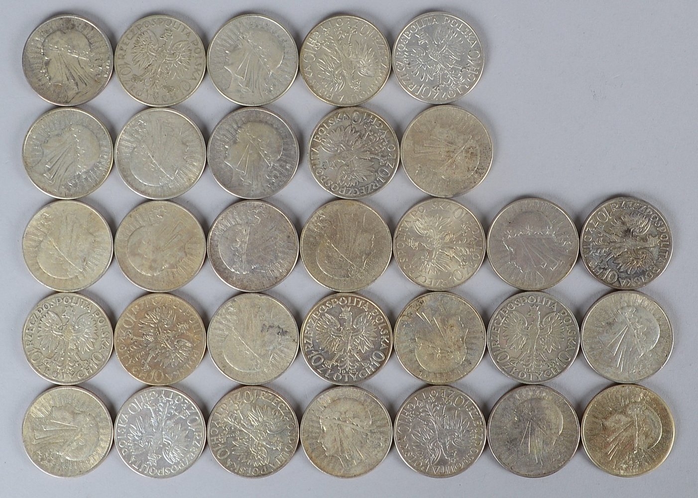 Münzslg. (Rep. Polen), 750 Silber, '10 Zloty, 1932 - Königin Jadwiga', 31 St.; Gew. 680 g