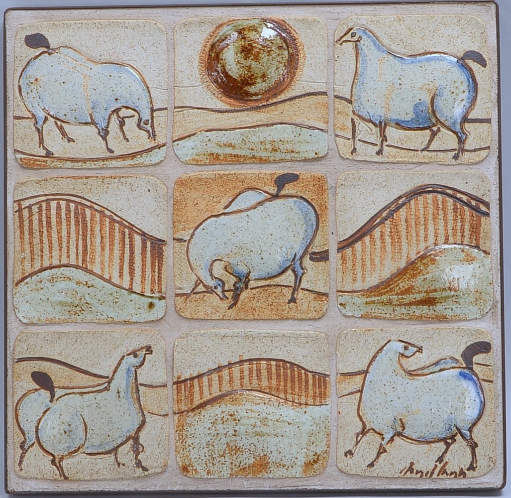 Kloth, Birgit, 9-tlg. Wandkeramik/Fliesenbild, 'Pferde', sign., ger.; Maße 49 x 50 cm