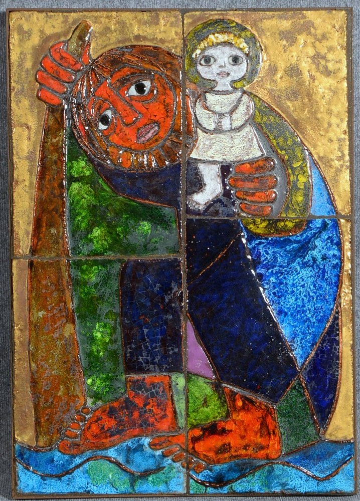 Weichberger, H., Keramikplatte, 'Hl. Christophorus', farbig glas./verg., ger.; Maße 76,5 x 54 cm