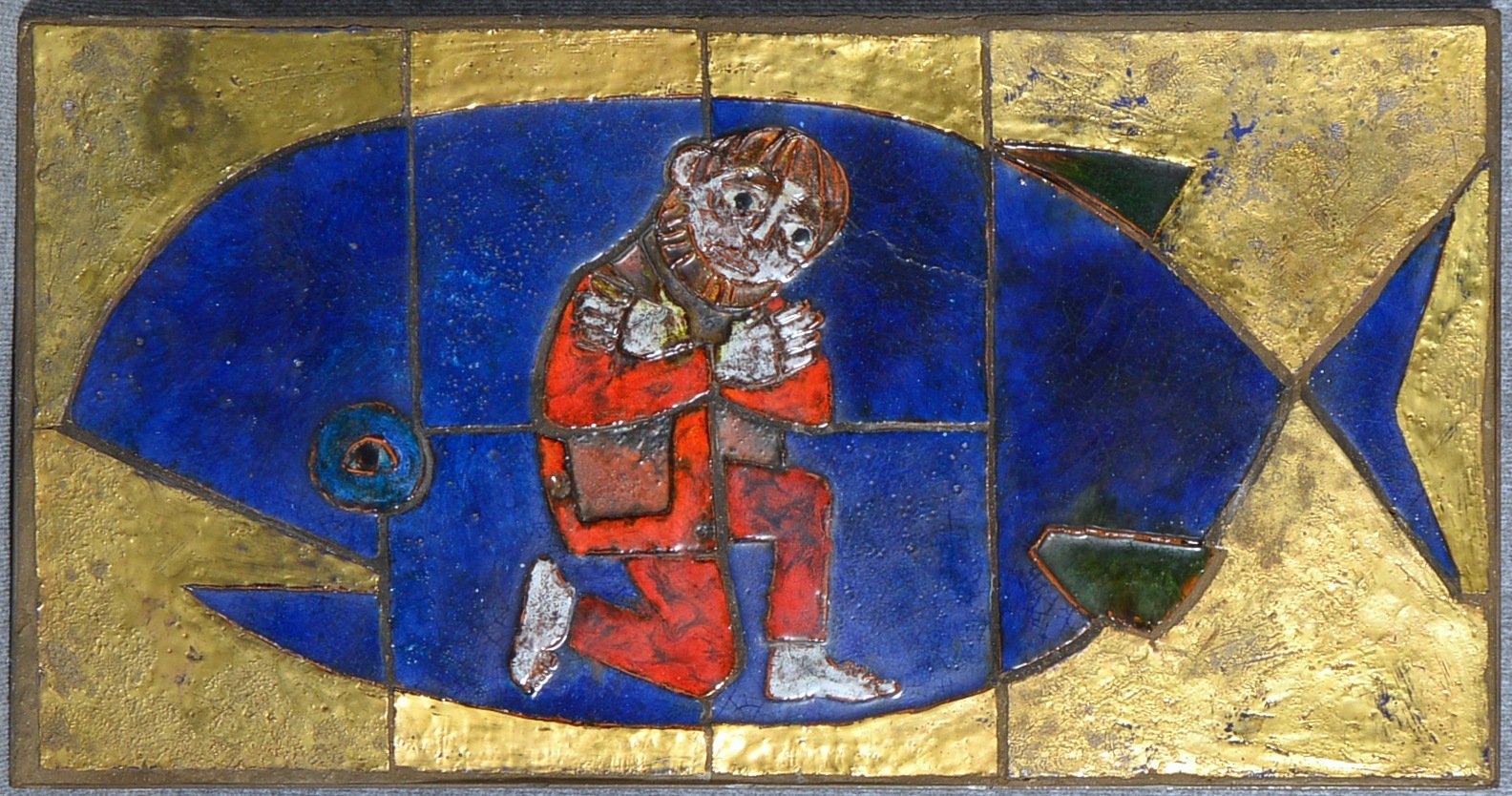 Weichberger, H., Keramikplatte, 'Jona im Wal', farbig glas./verg., ger.; Maße 101,5 x 53 cm