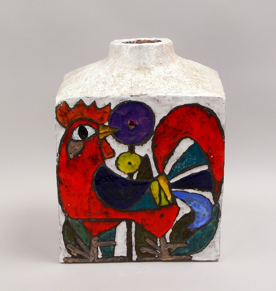 Weichberger, H., Bodenvase, 'Gelbe Taube/Roter Hahn', Keramik farb. glas.; Höhe 39 cm