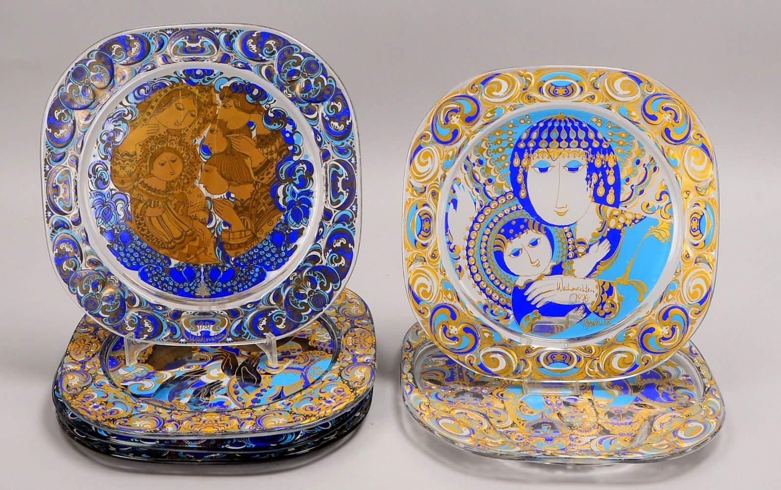 Rosenthal, 6x Glas-Wandteller, Weihnachts-/Märchenmotive, Entw. B. Wiinblad