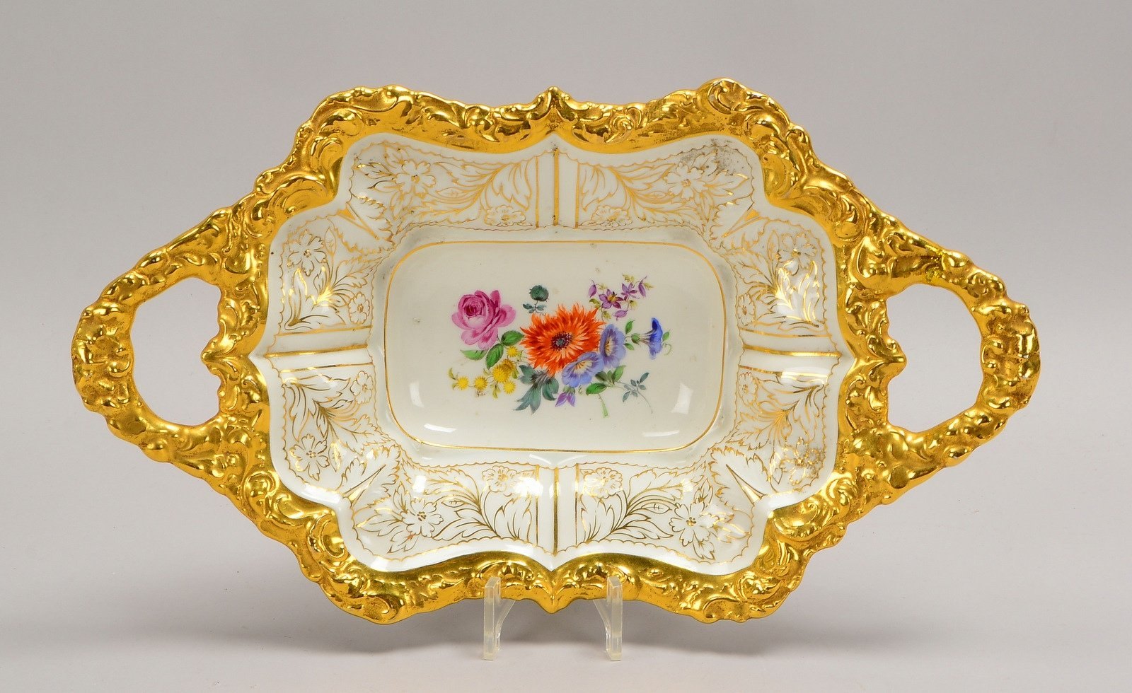 Meissen-Prunkschale, flor. Dekor, partiell goldstaff./Goldrand, 2x Handhaben