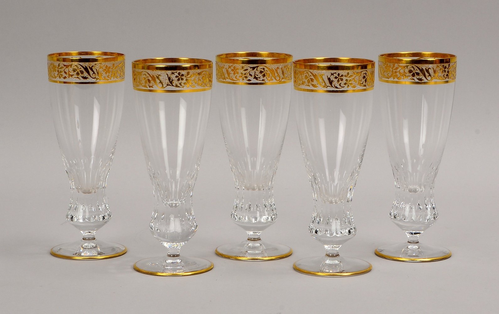 5x Sektgläser, Kristallglas/partiell geschl., mit Goldrand/Bordüre; Höhe 16 cm