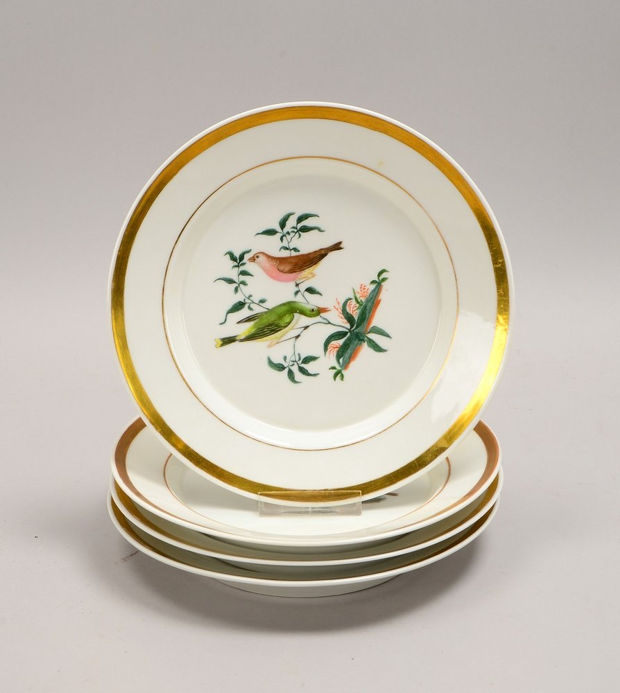 KPM (1849 - 1870), 4 Porzellanteller, mit Handbemalung und Goldrand; Ø 23 cm