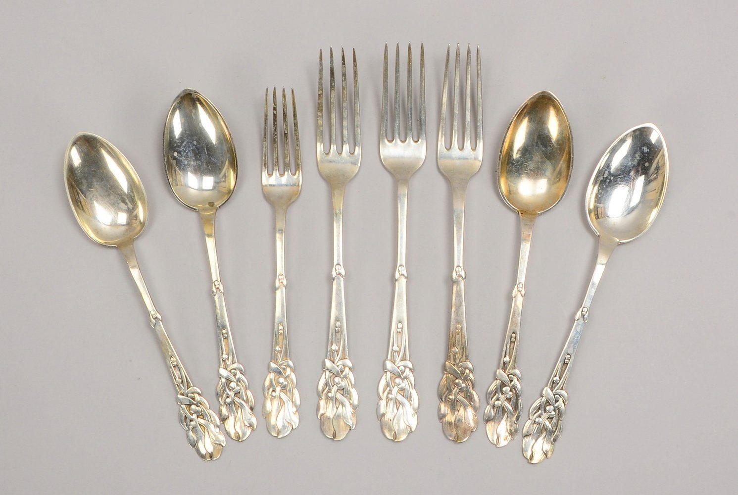 4x Speisegabeln und 4x Löffel (Kopenhagen), 830 Silber, Jugendstil-Dekor; Gew. 350 g
