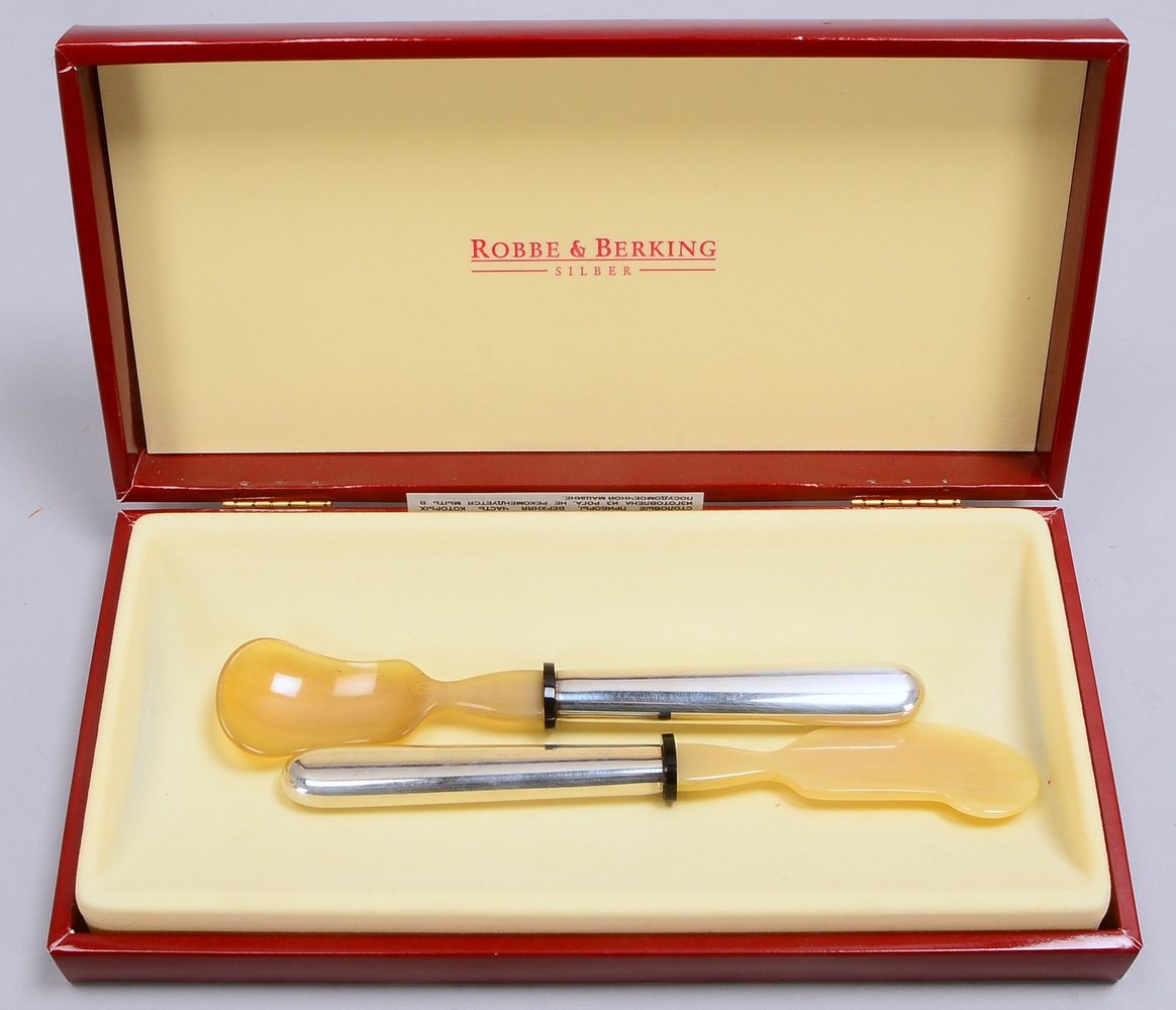 Robbe & Berking, 2-tlg. Kaviarbesteck, 925 Sterlings., Mod. 'Dante', Horngriff, im orig. Etui