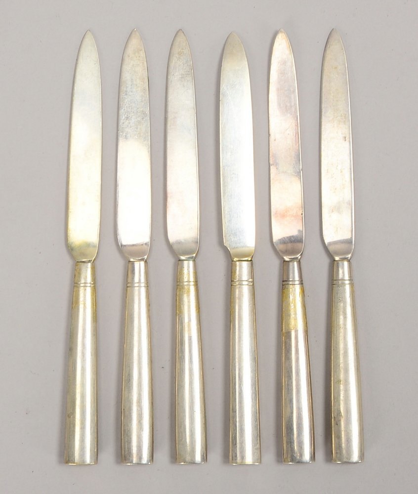 6x Obstmesser (Meistermarke J. Berger), 800 Silber; Länge 15,5 cm, Gew. 122 g