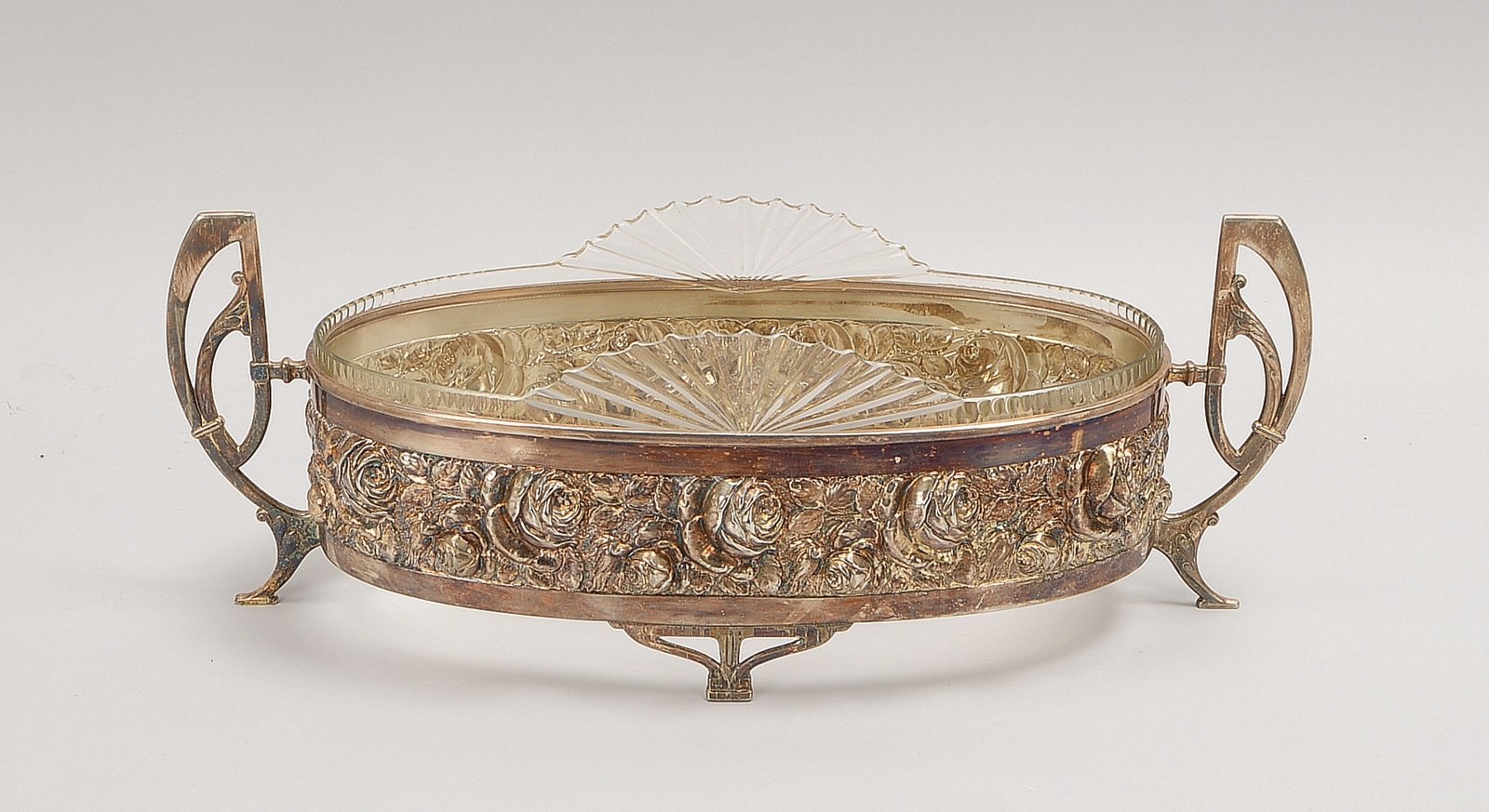 Jugendstil-Jardinière, vers., mit feinem Rosendekor, 2x Handhaben, Glaseinsatz beschl.