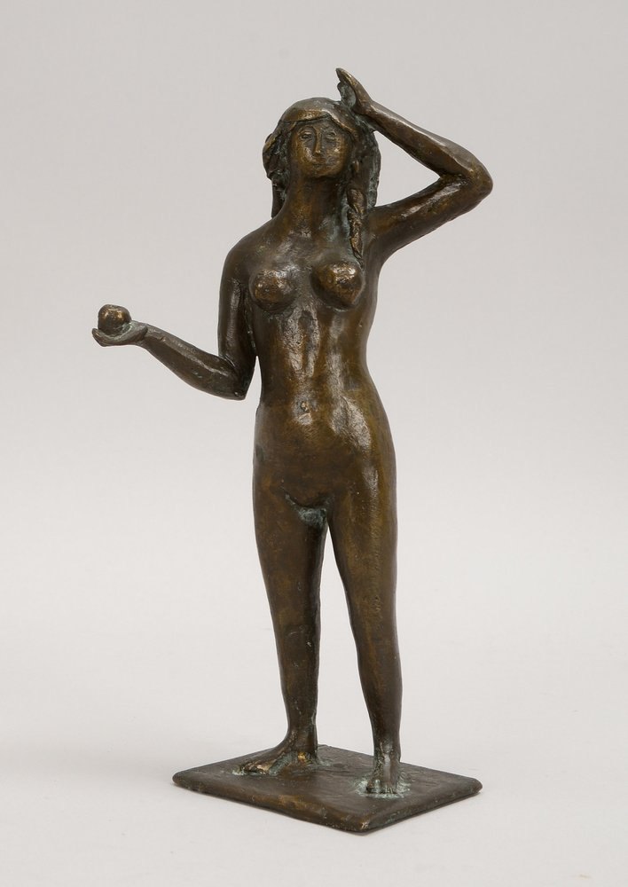 Bücker, Heinr. G., Bronzeskulptur, 'Eva mit dem Apfel', unter Sockel mit Filzst. sign.