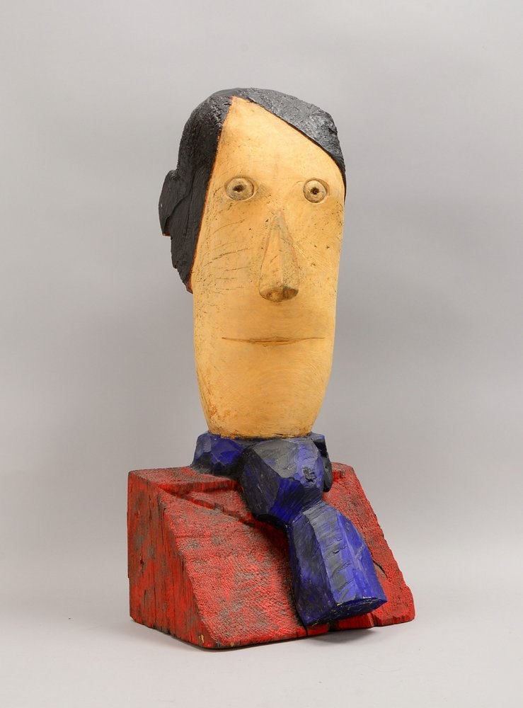 Borzecki, Stefan, Holzskulptur, 'Frau mit blauem Schlips', farbig gefasst, sign./dat.; Höhe 69 cm