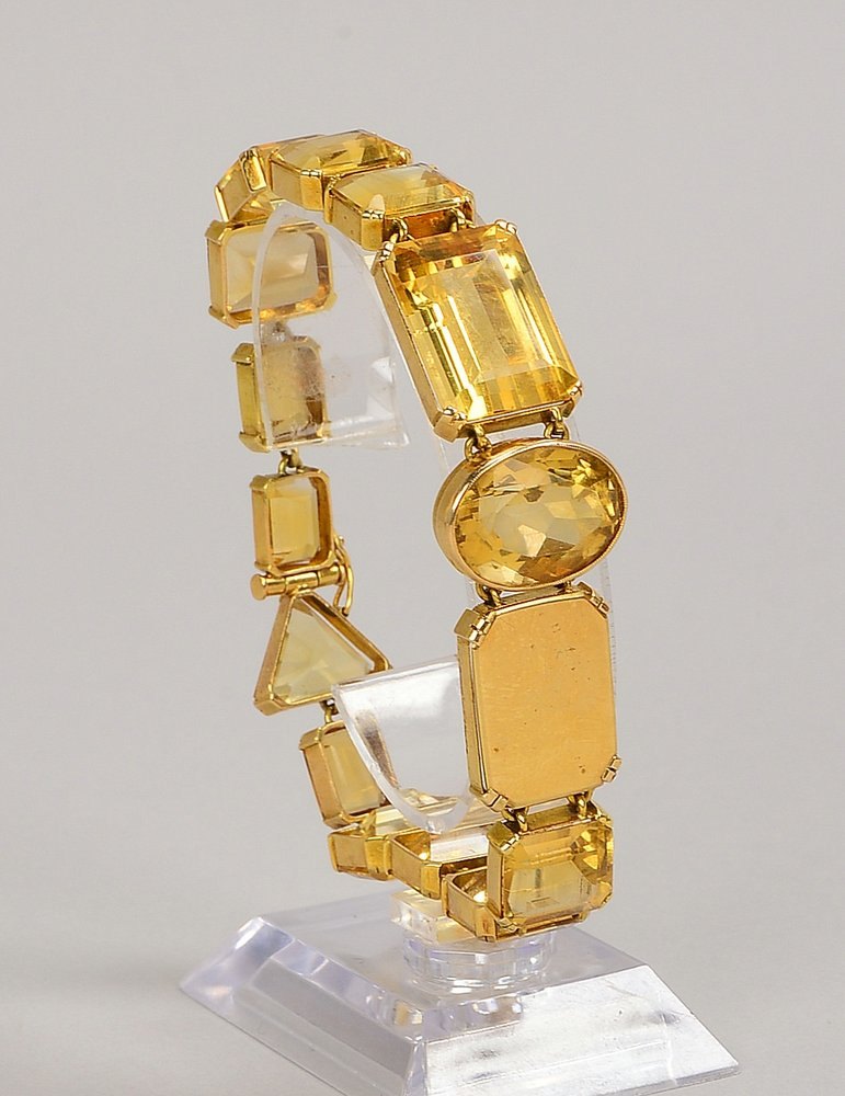 Armband, 585 GG (gest.), 14x brasil. Citrine, versch. Schliffe, freie Gravurpl.; Gew. 44 g