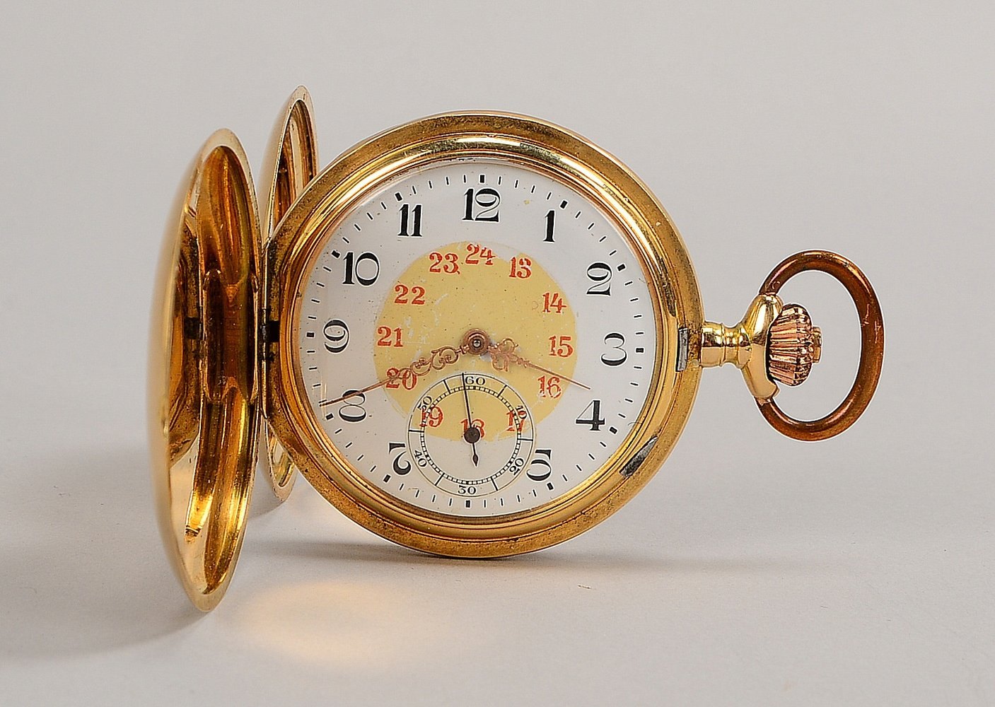Taschenuhr (Schweiz), 14 kt Gold-Geh./Metall-Staubdeckel - läuft an; Ø 5 cm, Gew. 80,80 g