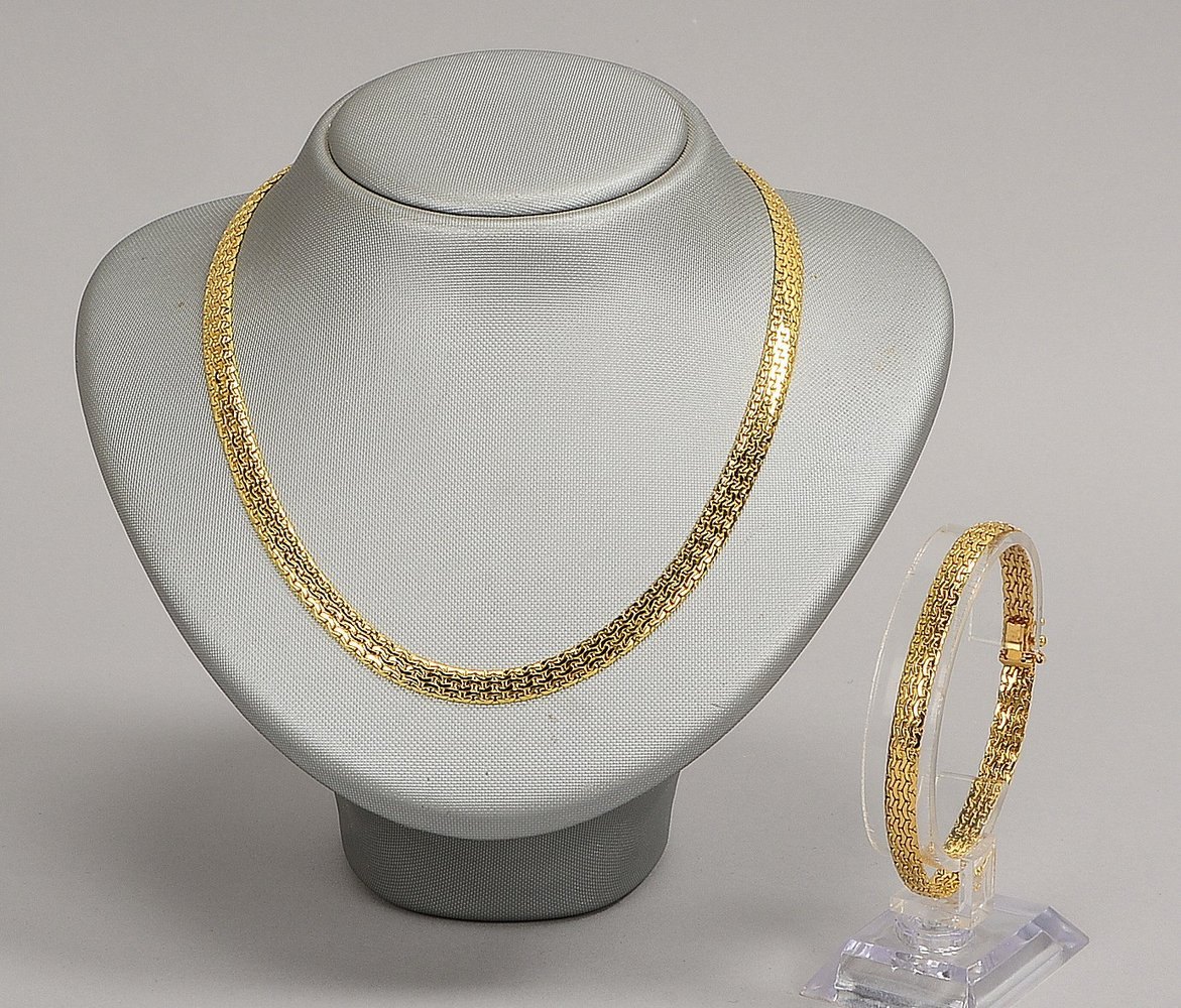 Schmuckset, 585 GG (gest.), mit Steckschließe: Collier, Länge 45 cm, und Armb