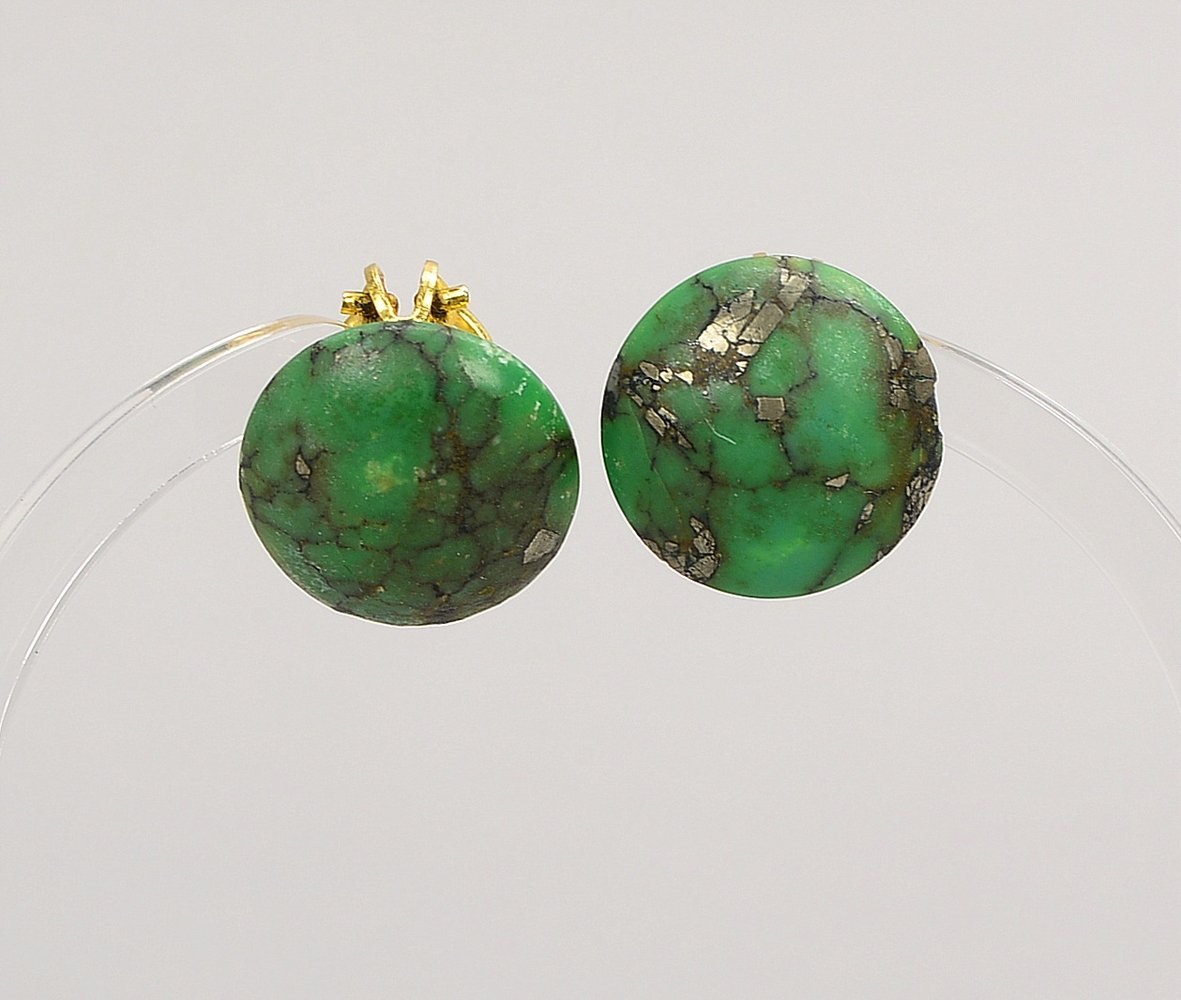 Paar Ohrclips, 585 GG (gest.), mit Malachitbesatz; Durchmesser Ø 16 mm