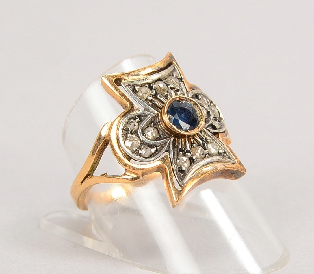 Ring (Art déco), 585 RG (gest.) und Silber, mit Saphir und 14x Diam.; Gew. 5,60 g