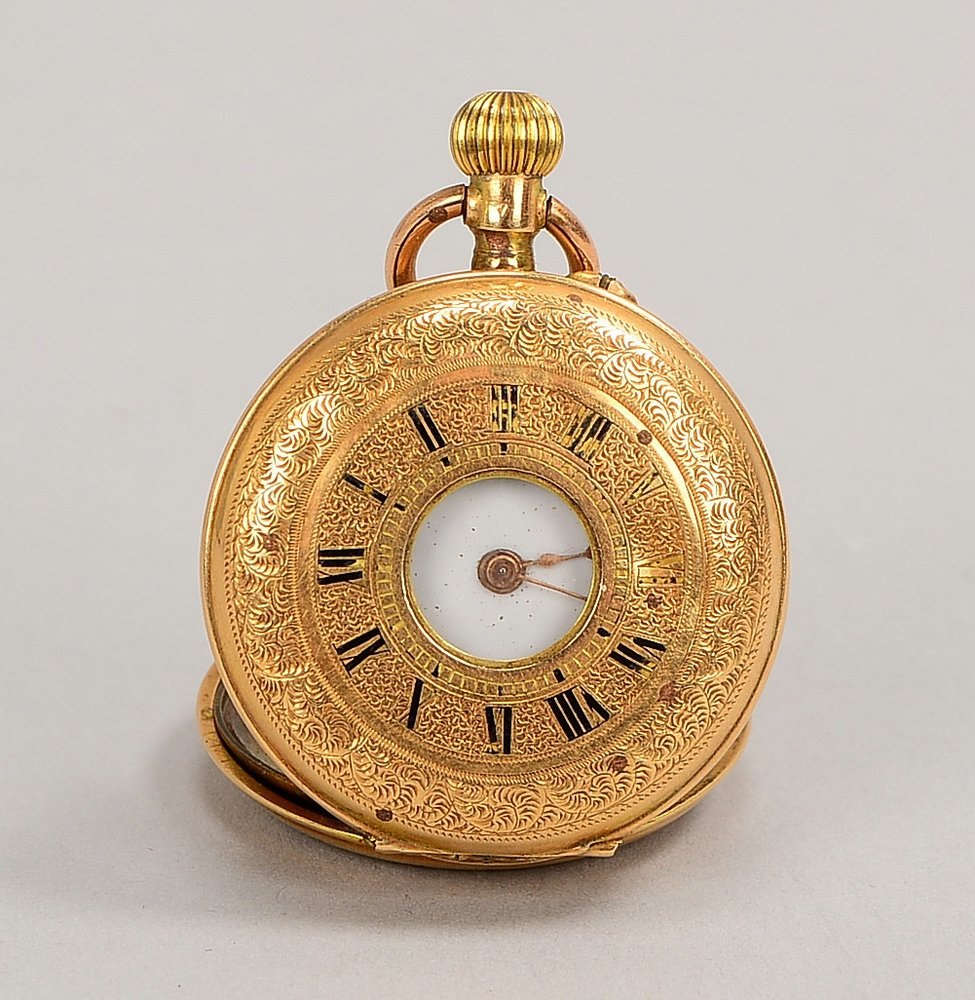 Kl. Damentaschenuhr, 585 RG-Geh., Metall-Staubdeckel - ungepr.; Ø 30 mm, Gew. 22 g
