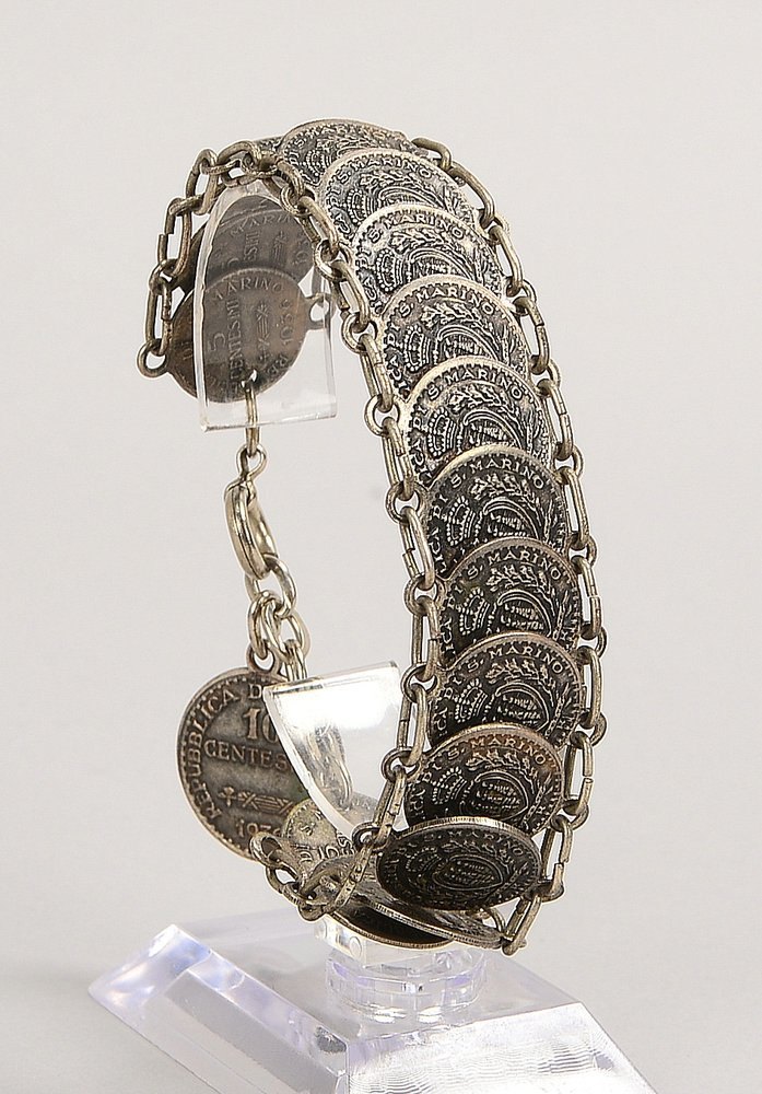 Armband, Silber, mit 18x Münzen (San Marino/Italien): 17x '1 Cent', 1x '10 Cent'; Gew. 28 g