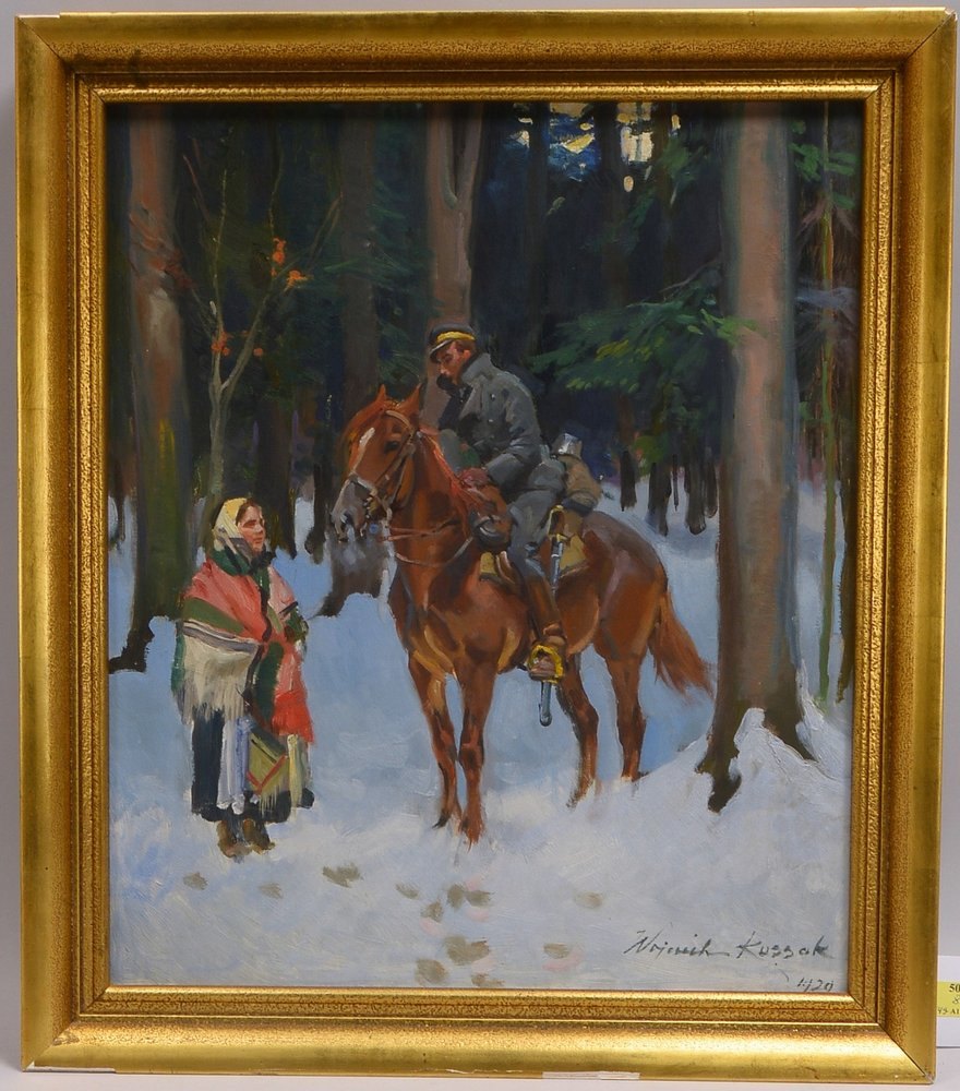 Kossak, W., 'Kavallerist und Bäuerin', Öl/Mk, sign./dat.; Rahmenmaße 61,5 x 53,5 cm