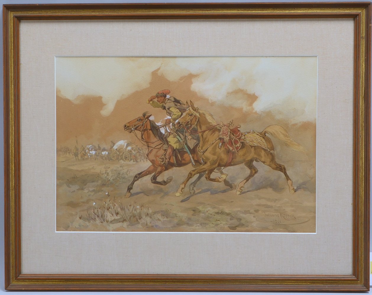 Kossak, J., 'Reitender Kosake', Aquarell/Gouache, sign./dat. '1891'; Rahmenmaße 47 x 60 cm
