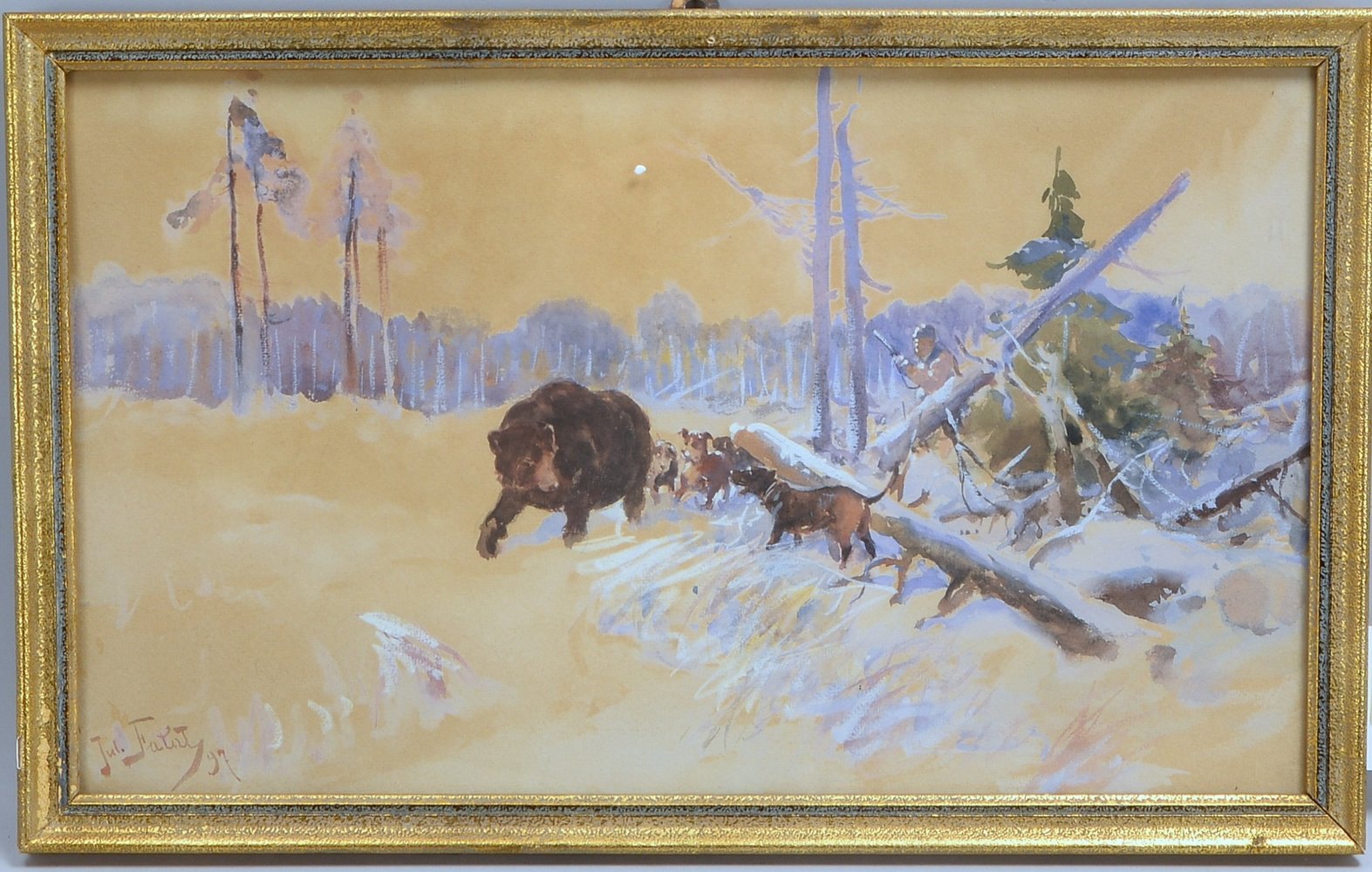 Falat, Julian, 'Bärenjagd', Gouache/Papier, sign./dat. (19)'97'; Rahmenmaße 31,5 x 50,5 cm