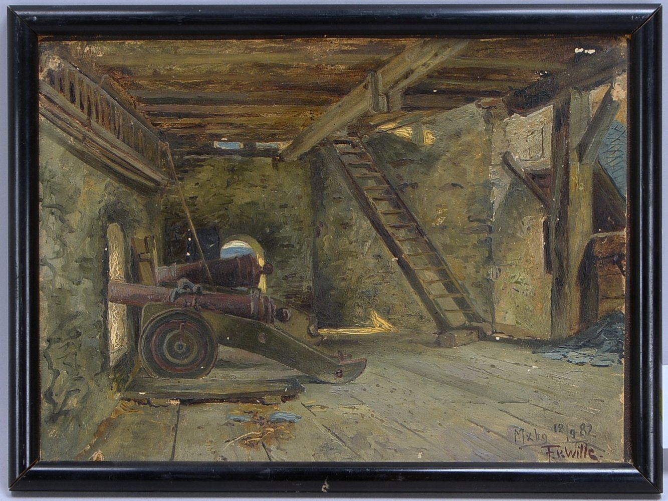 von Wille, Fritz, 'Kanon in der Burg', Öl/Mk, sign./dat. '1882'; Maße 29 x 39 cm