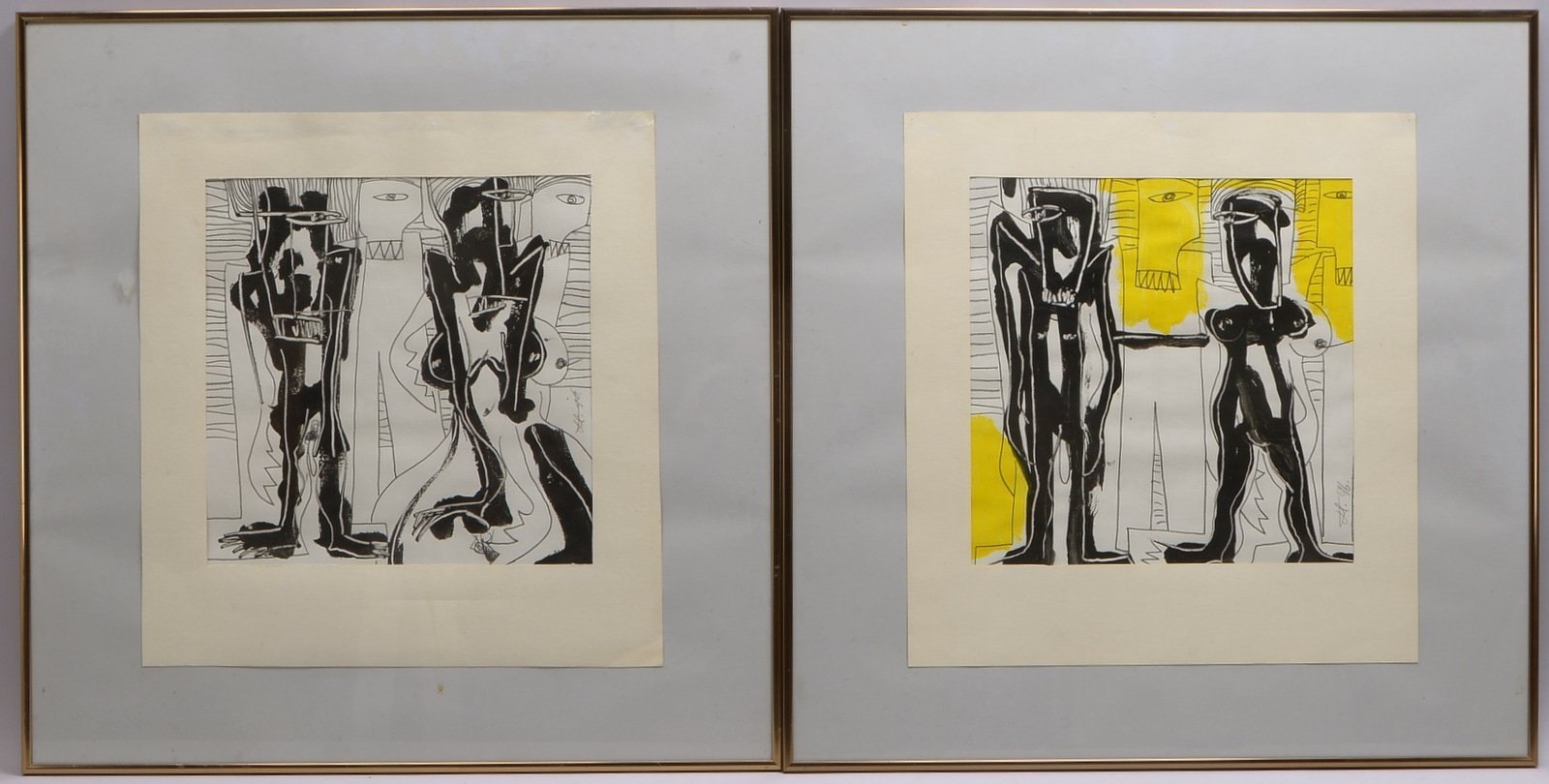 2 Mischtechn., 'Figürl. Kompos.', sign./dat. (19)'96', hinter Glas; Rahmenmaße 71 x 71 cm