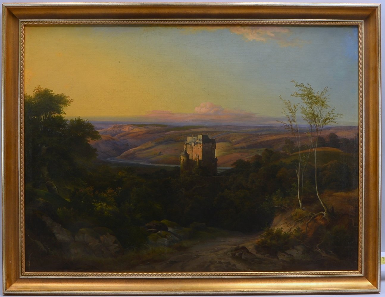 Gemälde, 'Burg in romant. Landschaft', Öl/Lw, unsign.; Rahmenmaße 80 x 105 cm