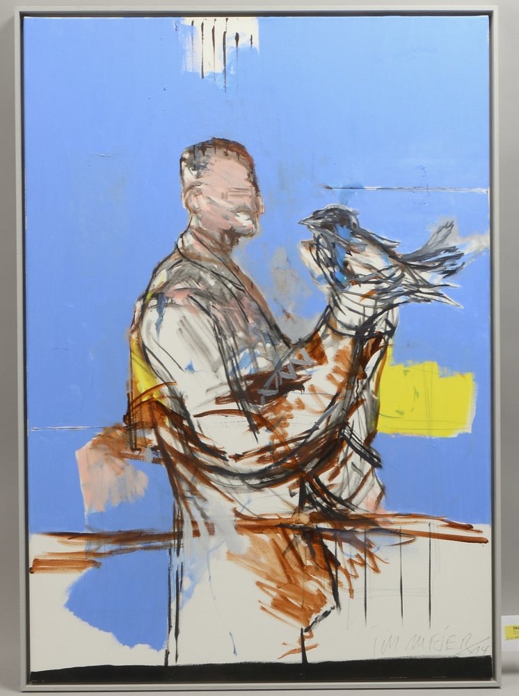 Meier, Till, 'Der Spatz in der Hand', Acryl/Lw, sign./dat.; Rahmenmaße 73 x 103 cm