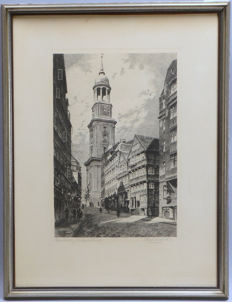 Bruck, Albrecht, 'Hamburg - Michaeliskirche', Radierung, bleisign./bet., hinter Glas