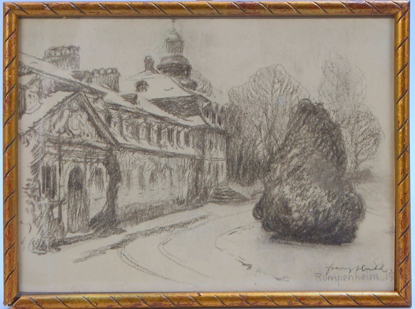 Huth, Franz, 'Schloss Rumpenheim', Kohlez., sign./bez., hinter Glas; Maße 18,2 x 24,2 cm