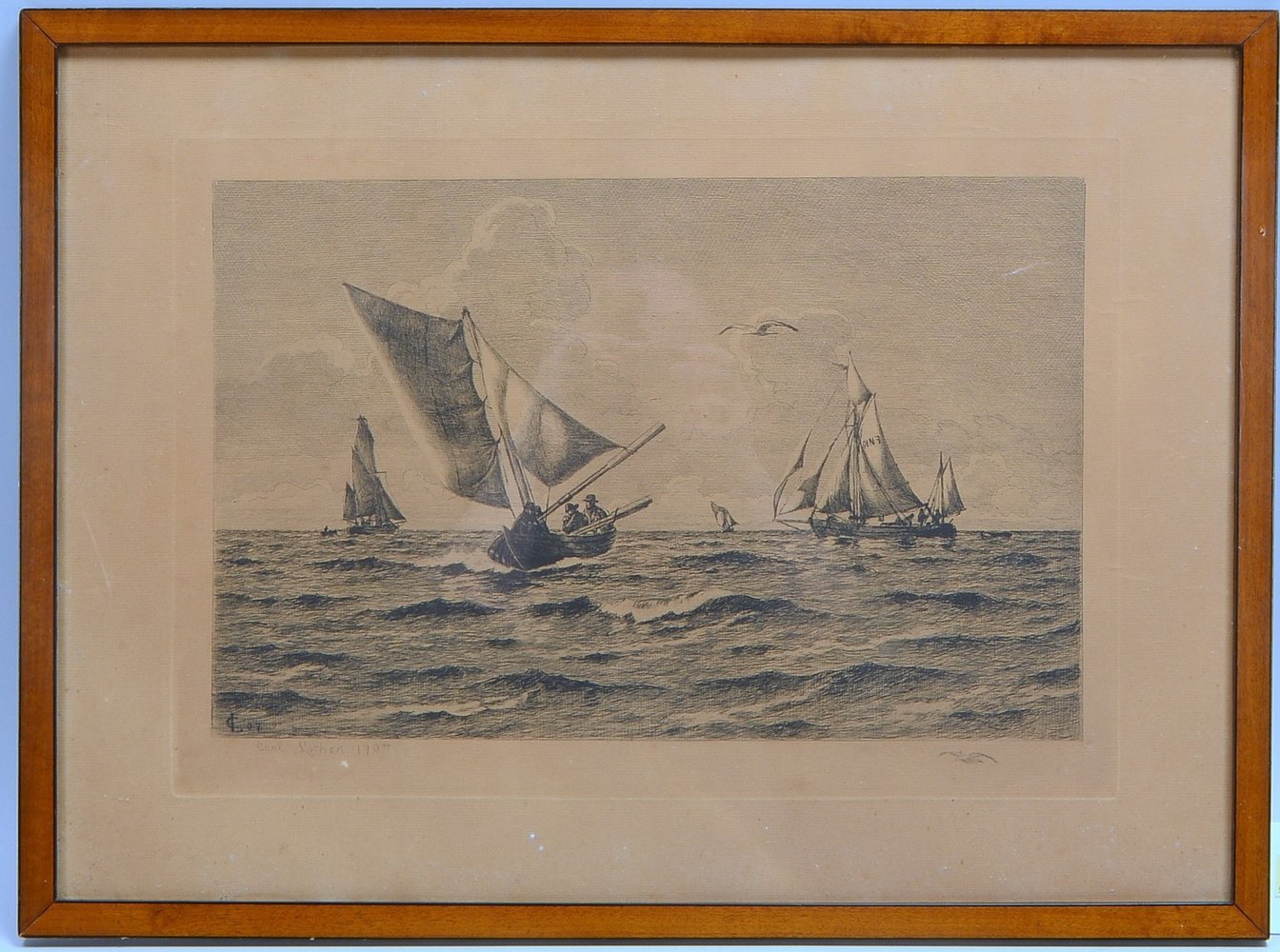 Locher, Carl, 'Fischerboote auf bew. See', Radierung, sign./dat.; Rahmenmaße 45,5 x 61,5 cm