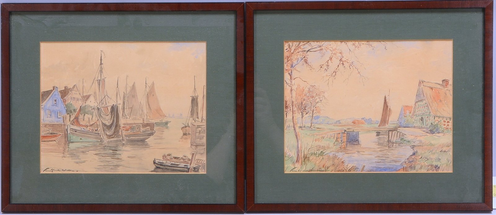 Wilke, Paul E., 2 Aquarelle: 'Worpsw. Landschaft', und 'Boote im Hafen', sign., hinter Glas