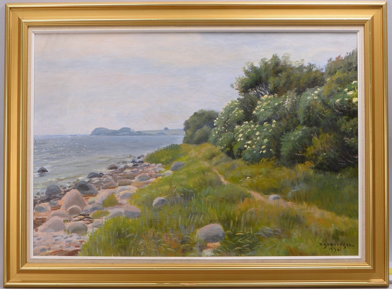 Graversen, N., 'Uferlandschaft', Öl/Lw, sign./dat. '1936'; Rahmenmaße 85 x 115 cm