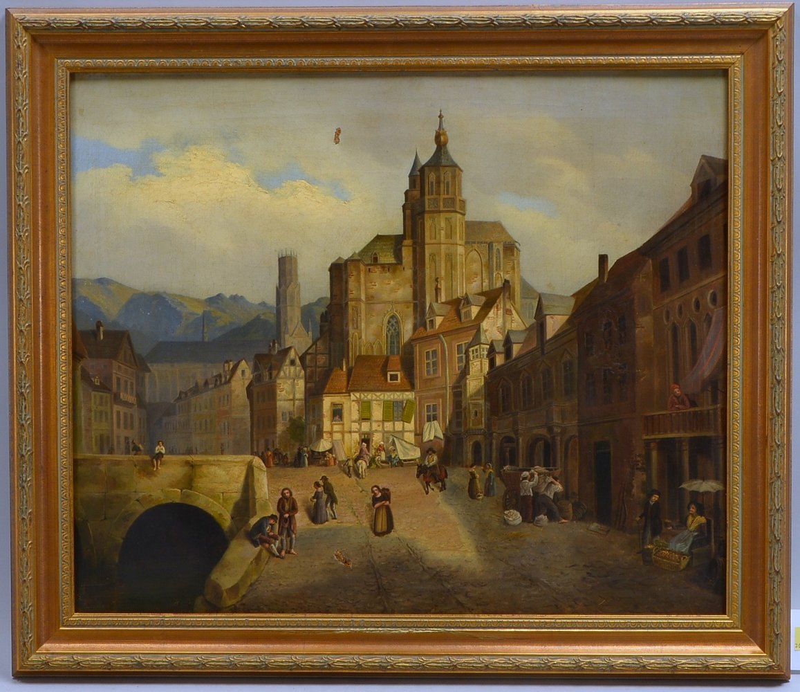 Monogrammist H.J., 'Marktplatz am Kanal', Öl/Lw; Rahmenmaße 70,5 x 60,5 cm