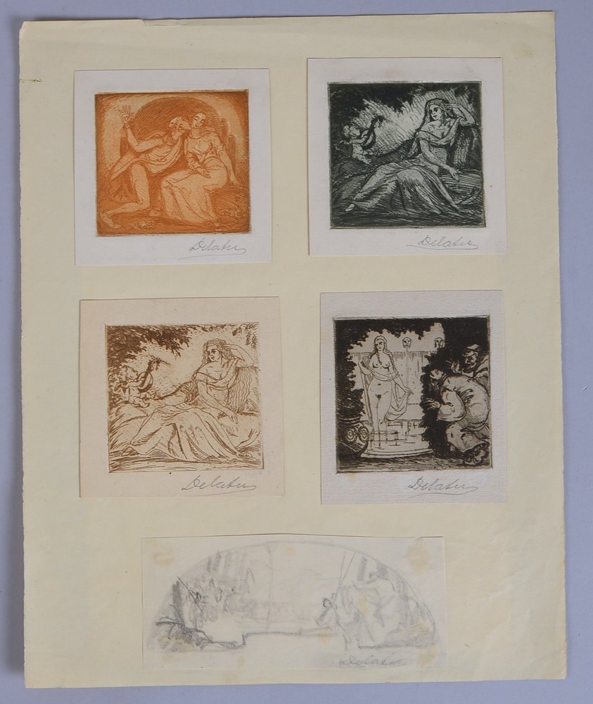 Delâtre, E.A.), 4x Radierungen und 1 Bleistiftzeichnung, jeweils handsign., auf Unterlage
