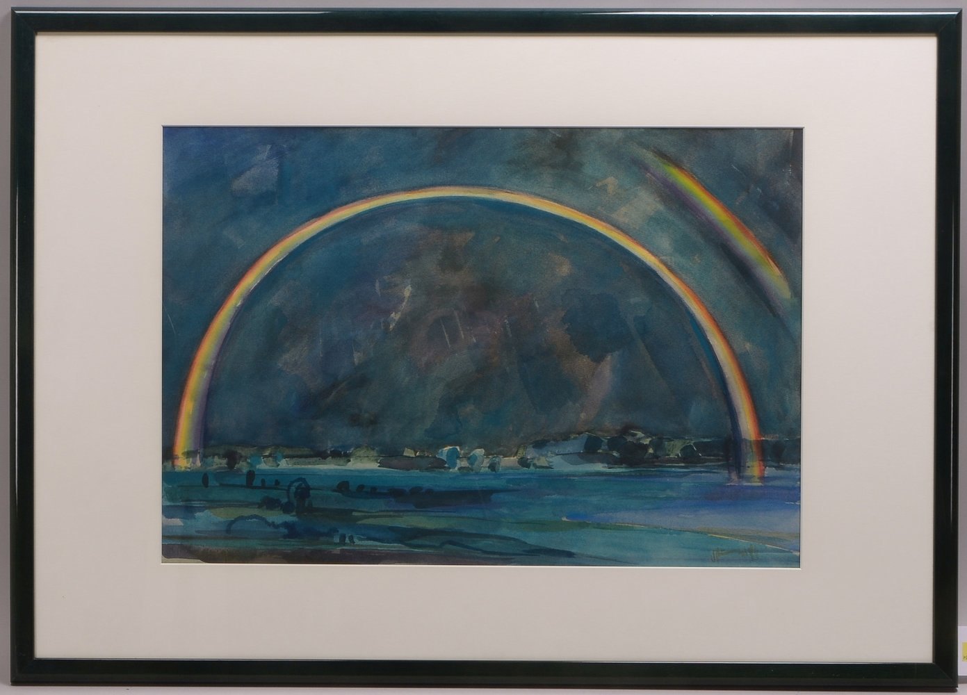 Aquarell, 'Landschaft unter Regenbogen', sign., unter PP hinter Glas; Rahmenmaße 75 x 105 cm