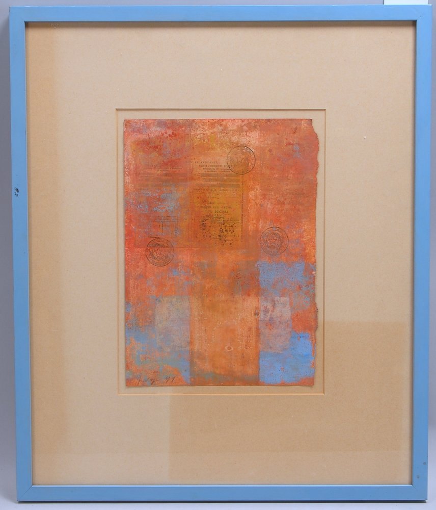 Materialcollage, 'Farbkompos. auf Zahlungsbeleg', Mischtechn. auf Papier, sign./dat. (19)'91'