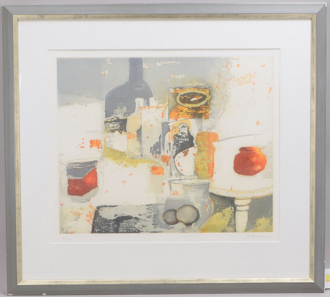 Gatti, E., 'Tischstillleben', Farblithogr., Aufl.. '9/50', sign./dat. '2003', hinter Glas ger.