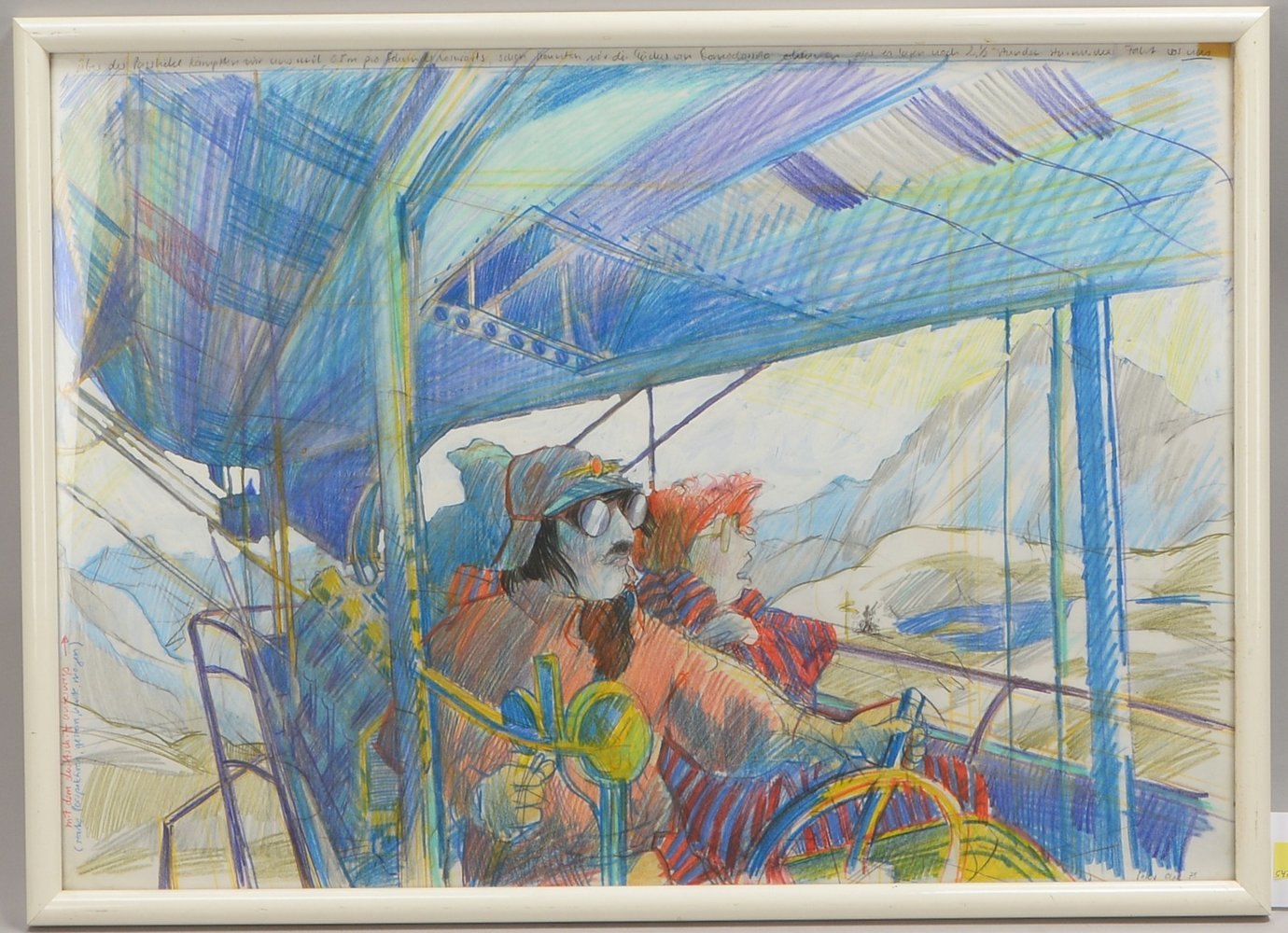 Olpe, P., 'Mit dem Luftschiff...', Zeichn./Past. und Acryl, sign./dat. (19)'78', hinter Glas ger.