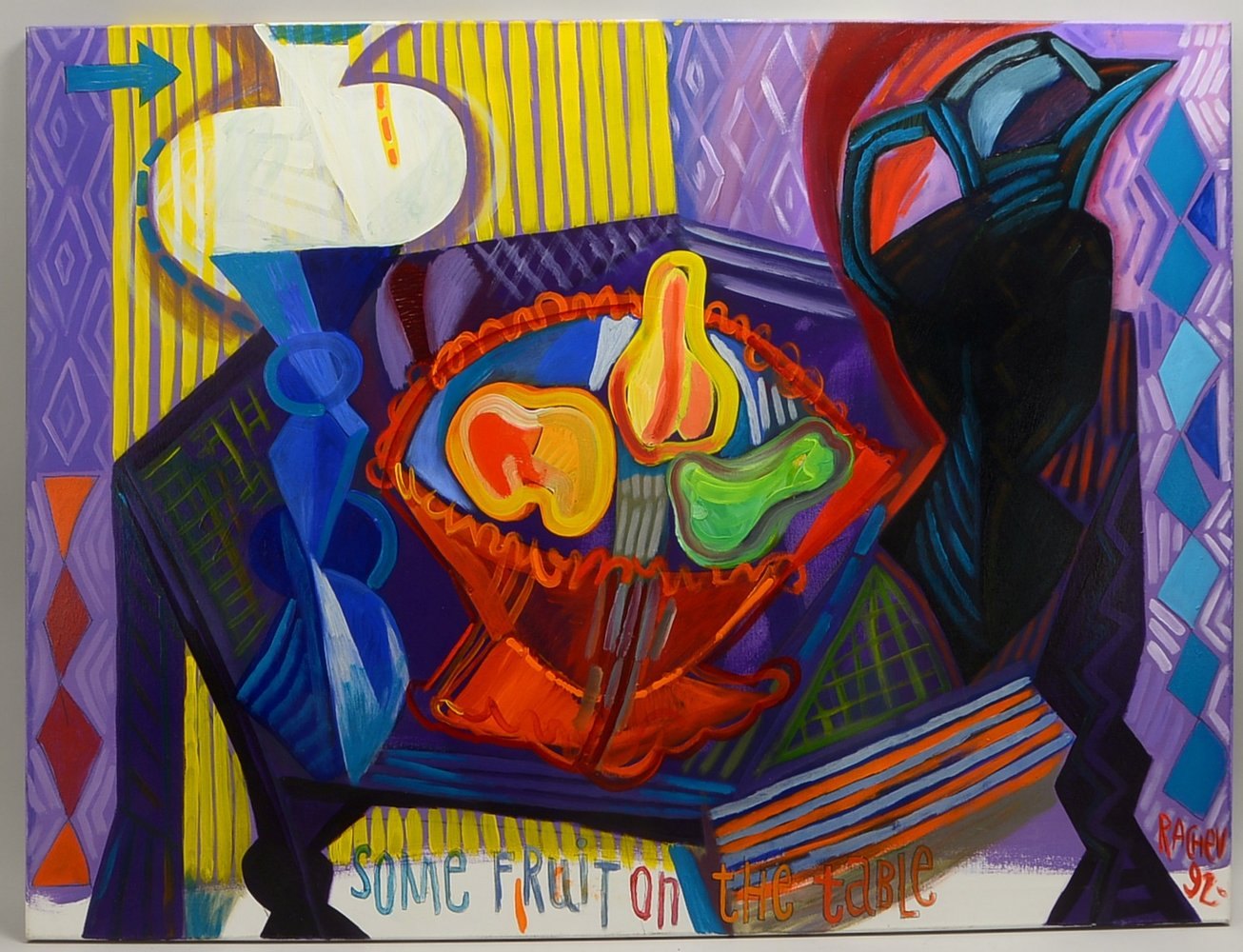 Rachev, Rumen, 'Some fruit on the table', Acryl/Lw, sign./dat. (20)'02'; Maße 90 x 120 cm
