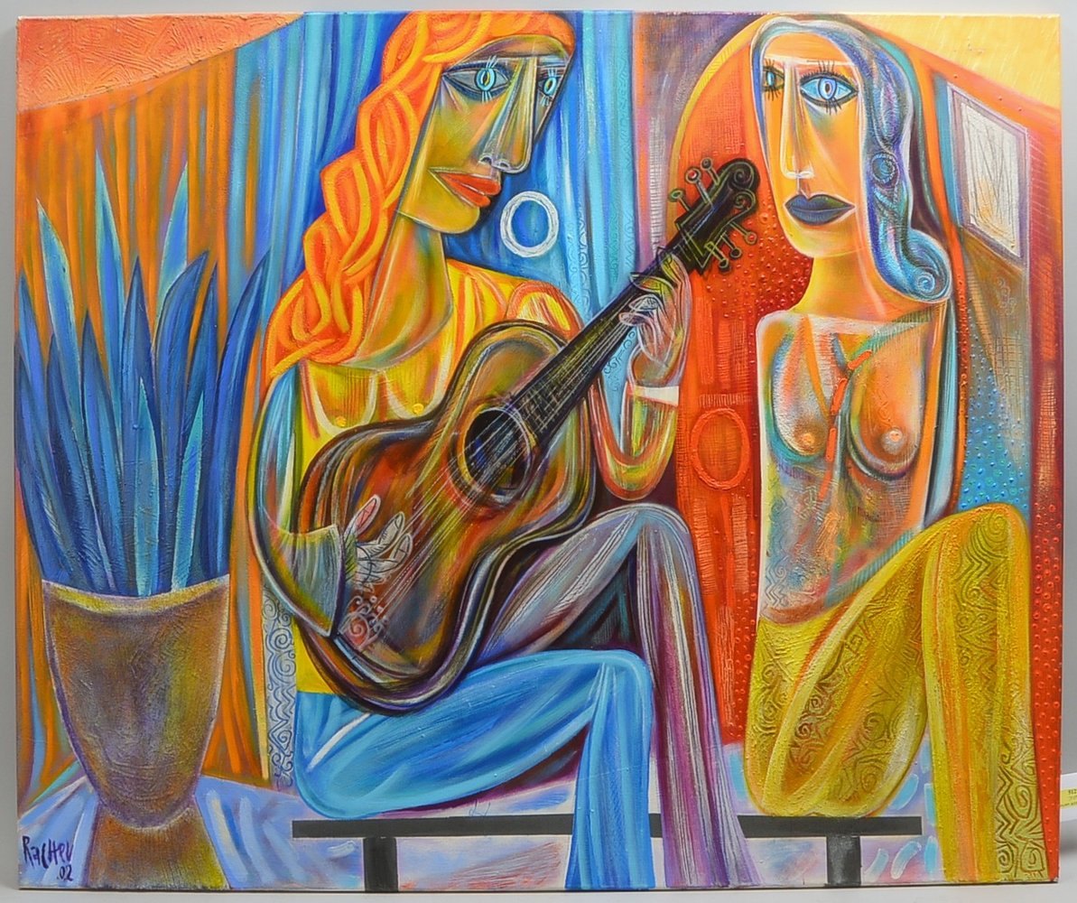 Rachev, Rumen, 'Gitarrenspielerin', Acryl/Lw, sign./dat. (20)'02'; Maße 100 x 120 cm